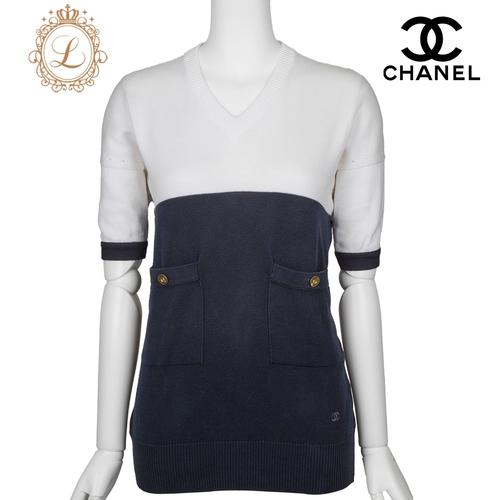 返品可】CHANEL シャネル ココマーク ココボタン 半袖 ニット ネイビー 