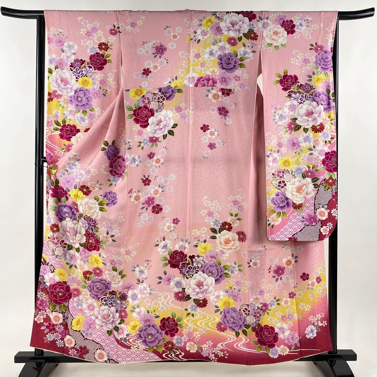 バイセル 着物 優品 反物 着装 付け下げ 薄紫 牡丹 流水 縮緬 正絹 ☆☆☆ 訪問着 身丈164.5cm 裄丈64.5cm M 袷 落款 椿 菊 薄紫 正絹