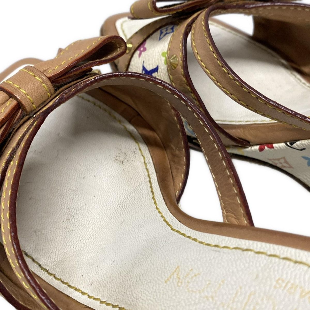 LOUIS VUITTON ルイヴィトン ミュール 36 レディース - 白×ベージュ×マルチ リボン|モノグラムマルチカラー|アウトソール張替済 KIN-KAAI_COM