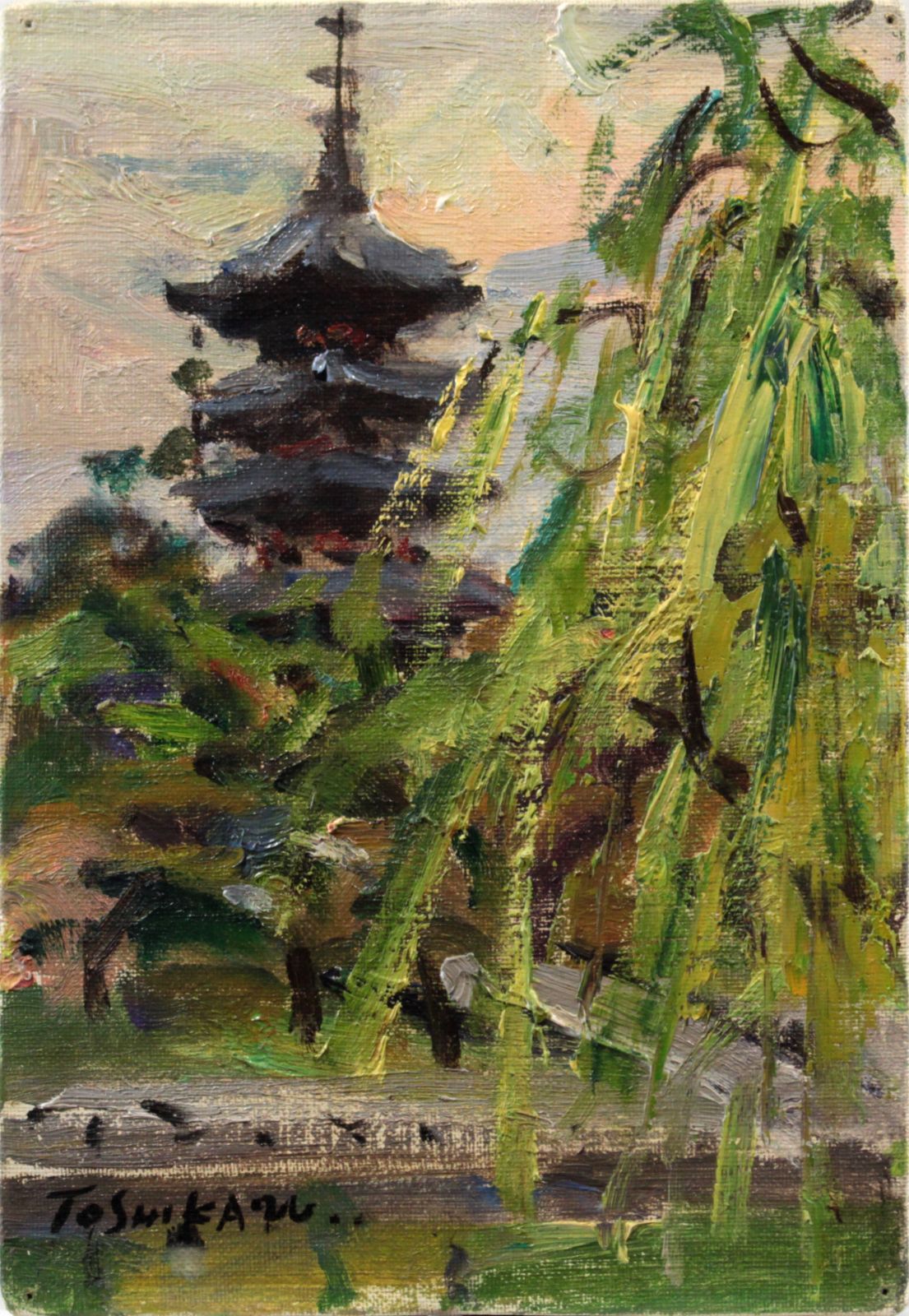 島田利一『奈良風景（猿沢の池）』油彩画【真作保証】 絵画