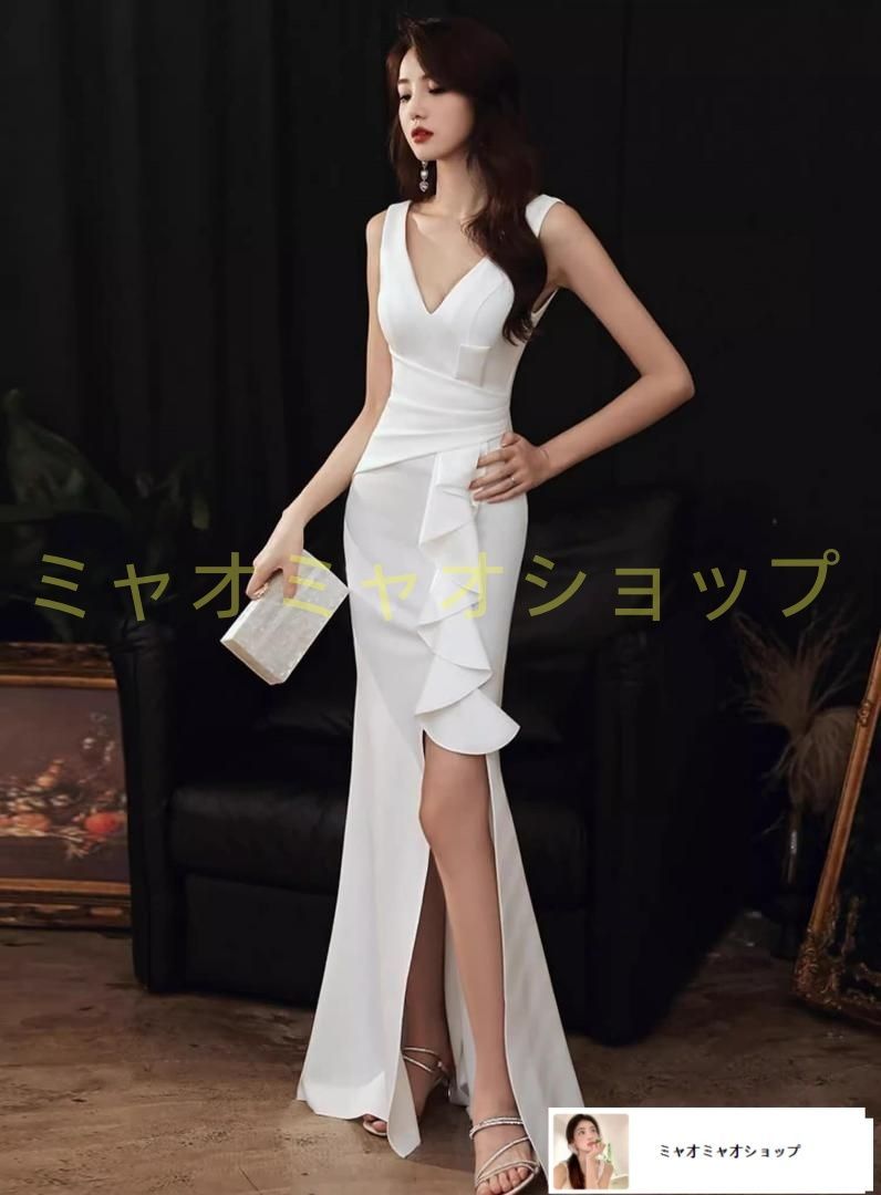 イブニングドレス Vネック フリル ロング ナイト パーティー 上品 結婚式 二次会 同窓会 披露宴 成人式 お呼ばれ 裏地あり サイズ S M L XL