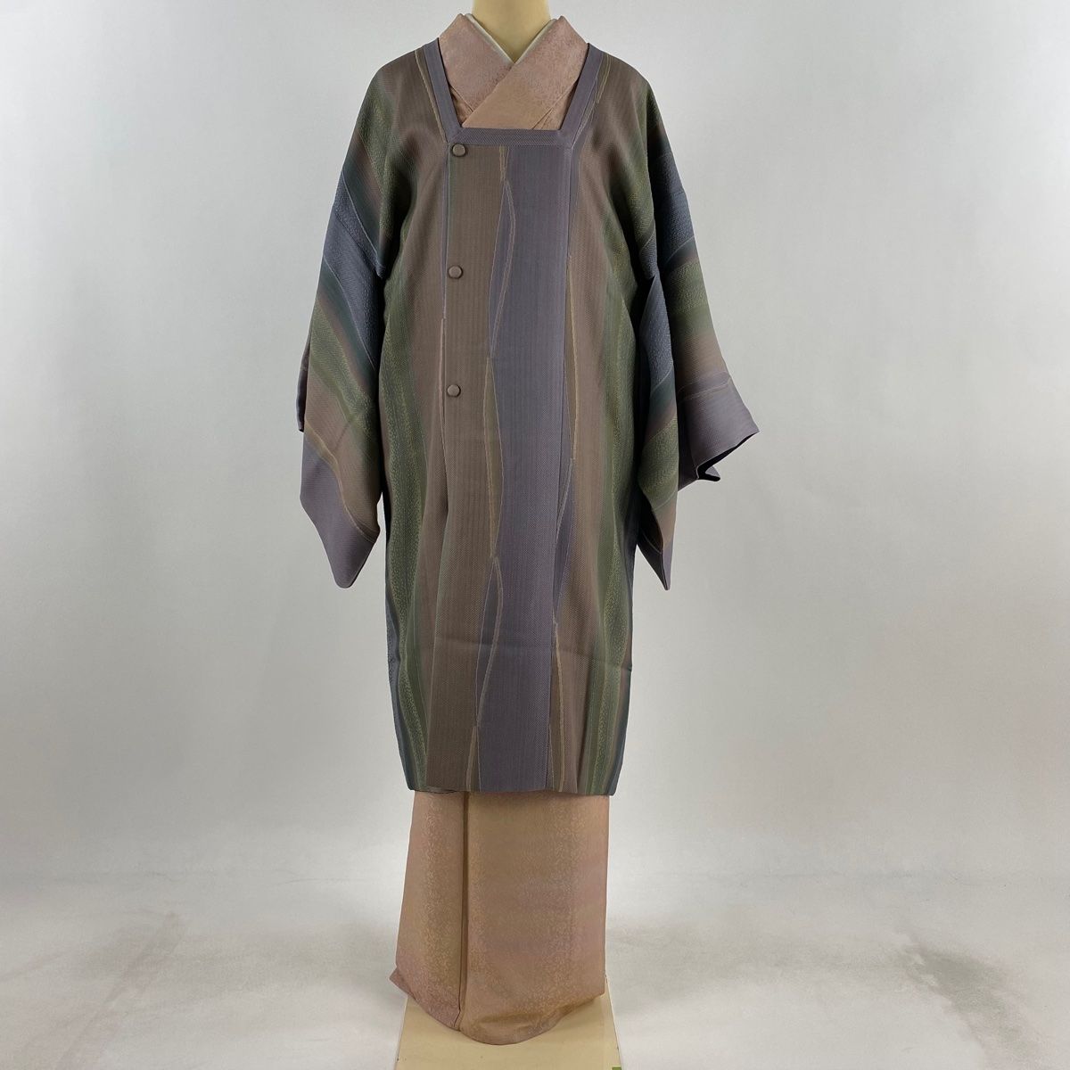 道行 身丈115cm 裄丈69cm L 和装コート 角衿 リバーシブル やまと よろけ縞 紫 正絹 名品