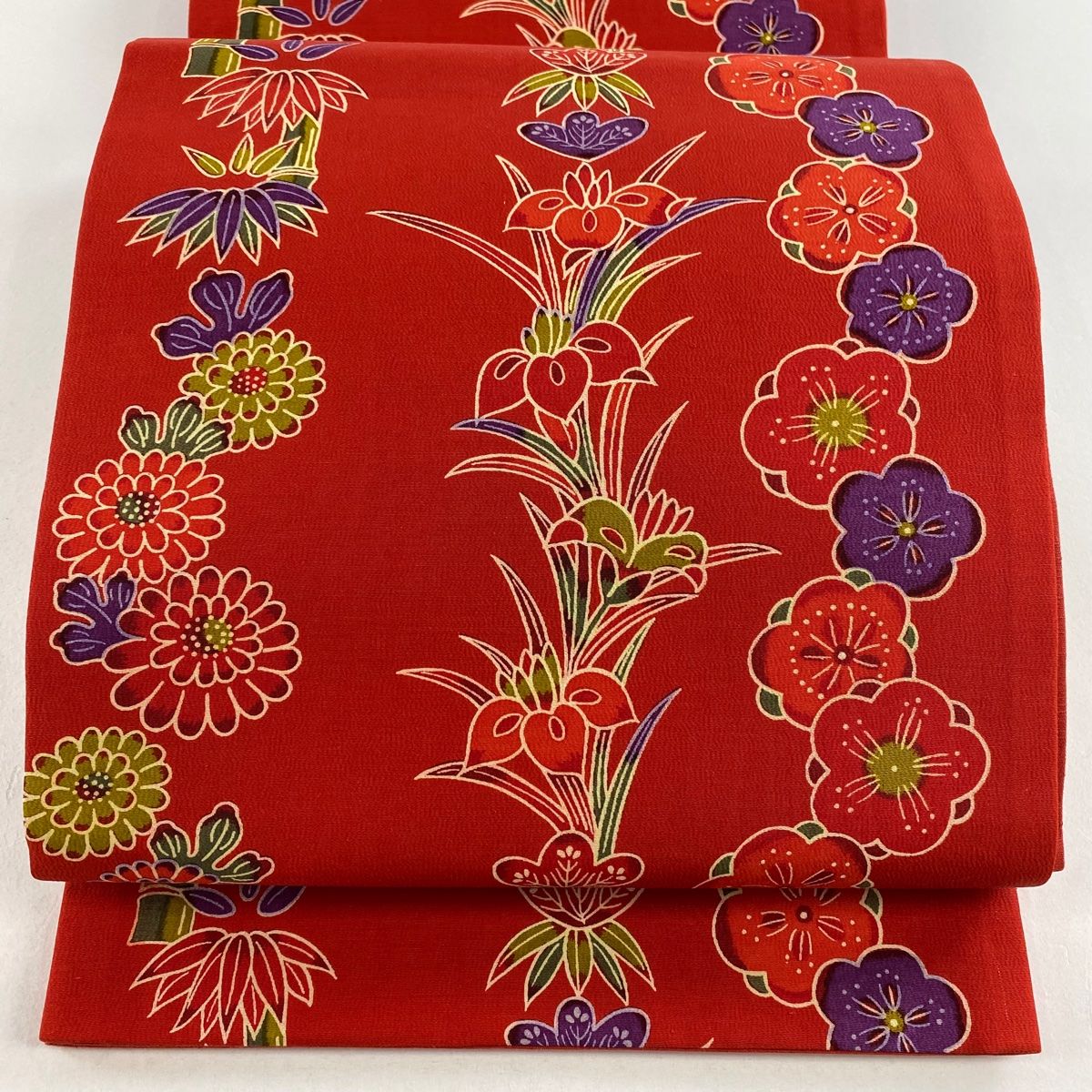 【美品】 袋名古屋帯 名品 松竹梅 菖蒲 赤 正絹 【】