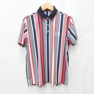 23区 オンワード樫山 ゴルフ GOLF シャツ ポロシャツ 半袖 ストライプ ロゴ プリント マルチカラー ネイビー レッド ホワイト 紺 赤 白 LL 