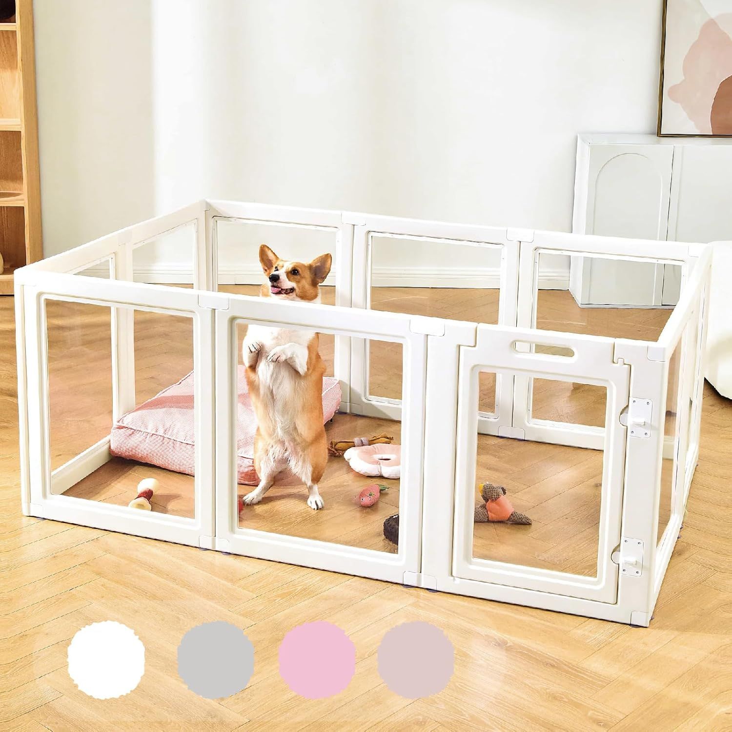 HAKOPE 【圧迫感のないクリアサークル】 ペットサークル 犬 サークル 室内 透明 ドア付き 滑り止め 犬 ケージ ゲージ クリア 透明 丈夫 傷つきにくい 工具不要 組立て簡単 おしゃれ ウサギ サ