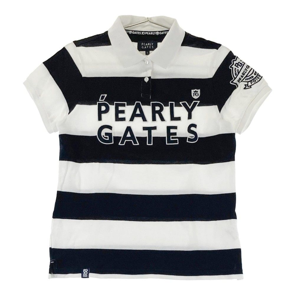 【美品】【6】PEARLY GATES ボーダー ゴルフウェア ワッペン メンズ PEARLY GATES パーリーゲイツ 半袖ポロシャツ ブルーグリーン×白