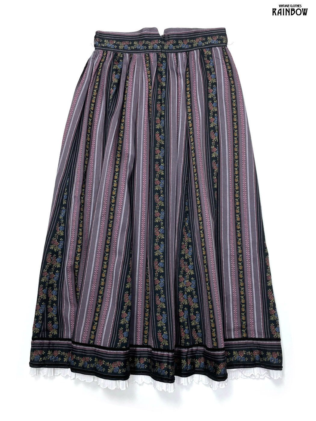 古着 花柄 ストライプ柄 コットン100％ 膝丈 スカート 紫 btu2509102