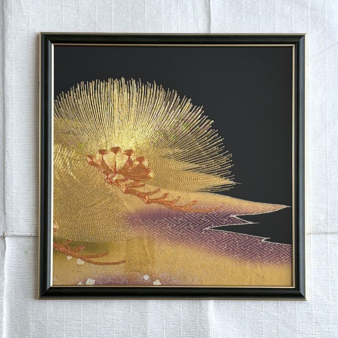Framed Pine Embroidery Art – Made from Vintage Tomesode Kimono – 30×30cm 11.8×11.8in - Japanese-themed interior decoration