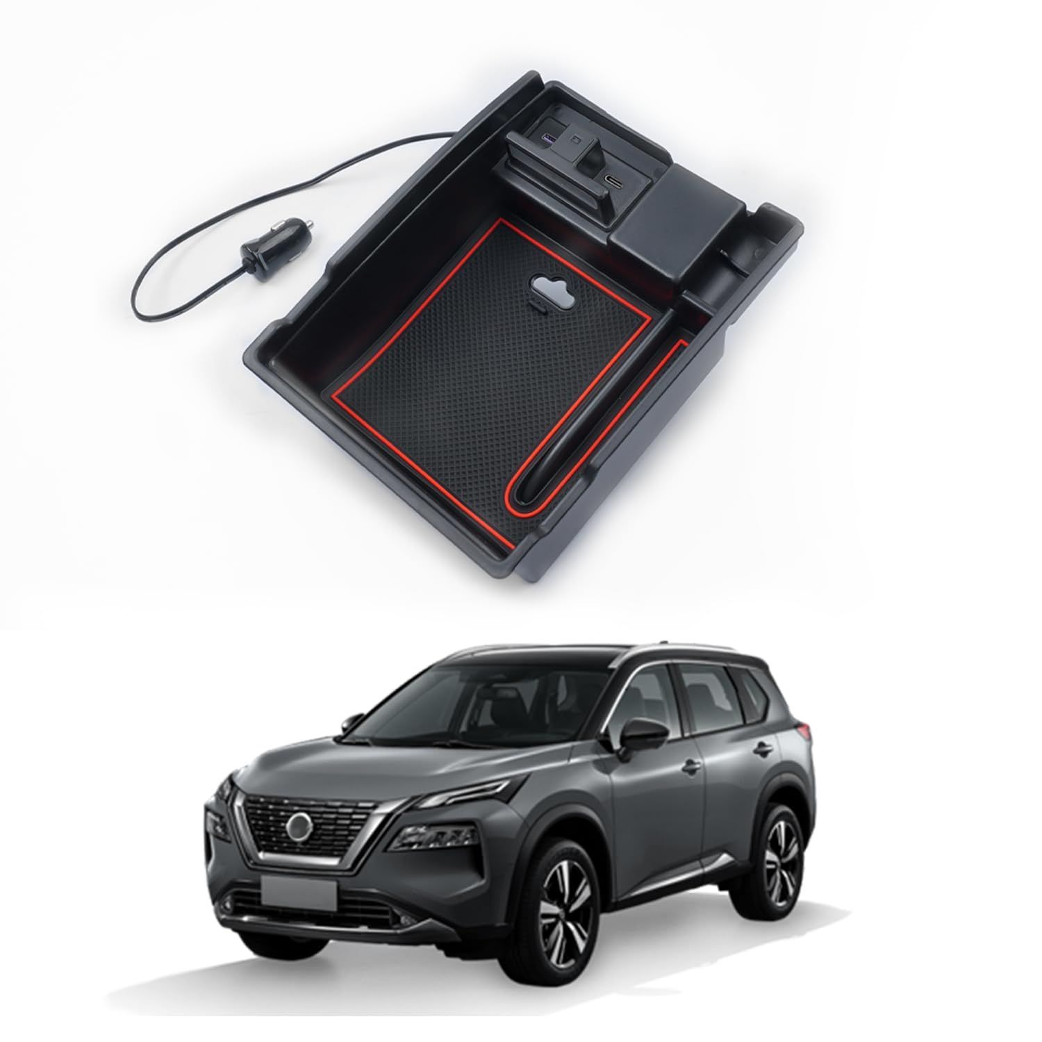 Size ニッサン エクストレイル T32前後期 Auto Spec ニッサン エクストレイル T32前後期に適合 内蔵型コンソールボックス 車内収納ボックス 2ポートUSB充電付き 車種設計 センサーLEDライト付き 小物入れ 滑り止めマット付き 収納アクセ