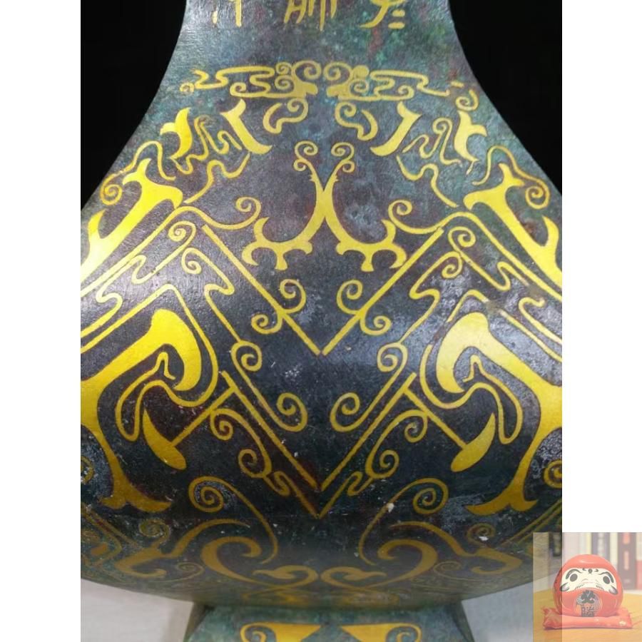 中国古美術・旧蔵搓金装飾付き銘文入り青銅酒壺・青銅・純手作り・高浮彫・置物・酒器 中国古美術・旧蔵搓金装飾付き銘文入り青銅酒壺・青銅・純手作り