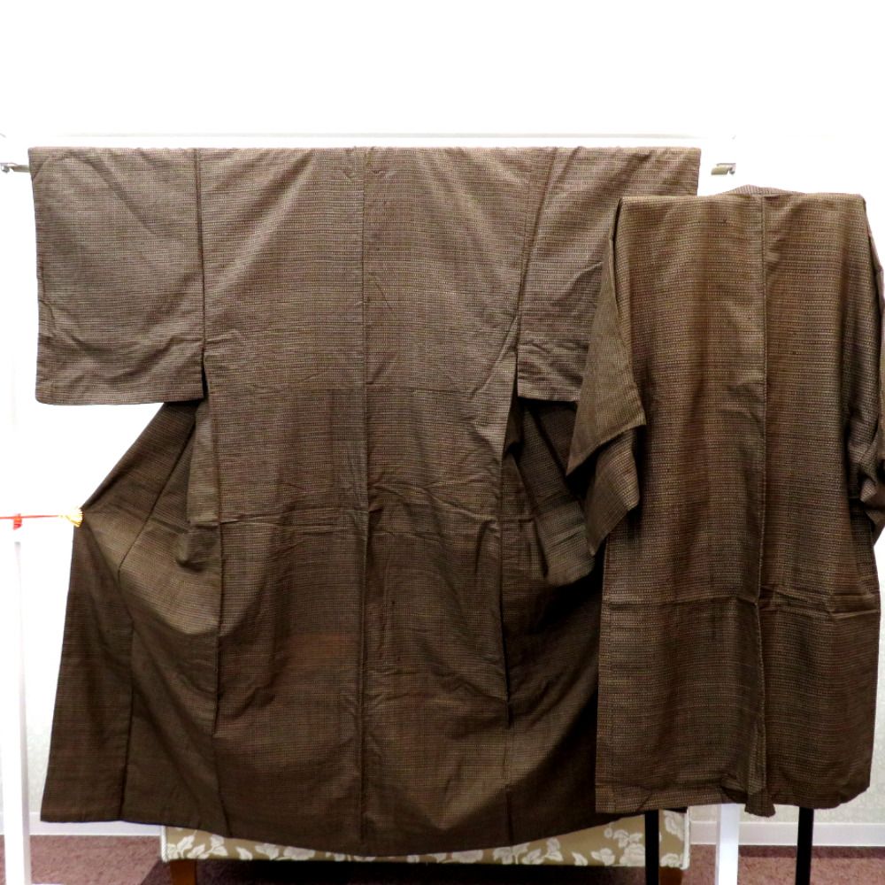 男着物 男性用 紬アンサンブルセット 袷 茶 ベージュ 正絹 男性用 男着物 男性用 紬アンサンブルセット 袷 茶 ベージュ 正絹 男性用