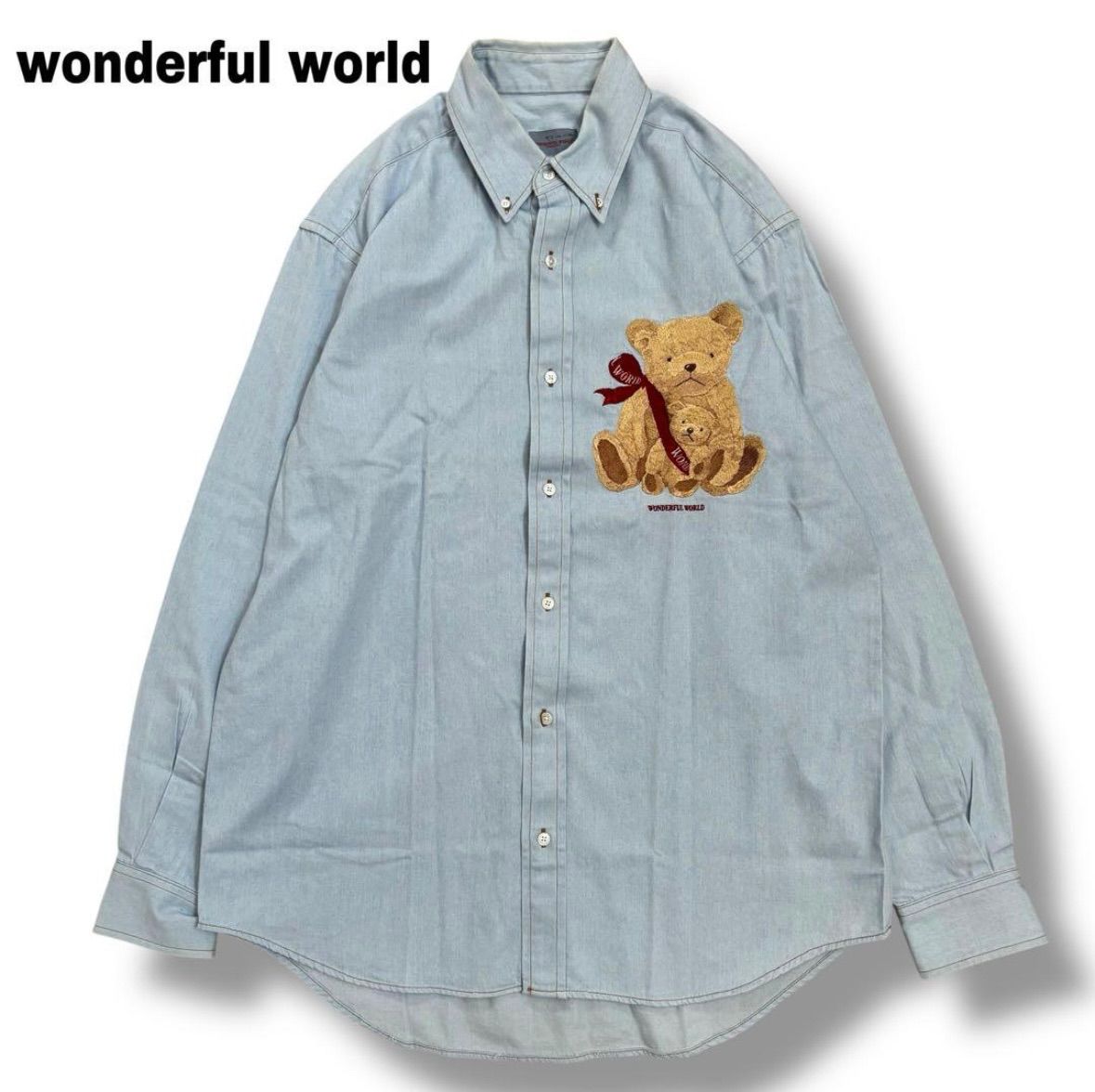 wonderful world 親子テディベア刺繍 薄色デニムシャツ