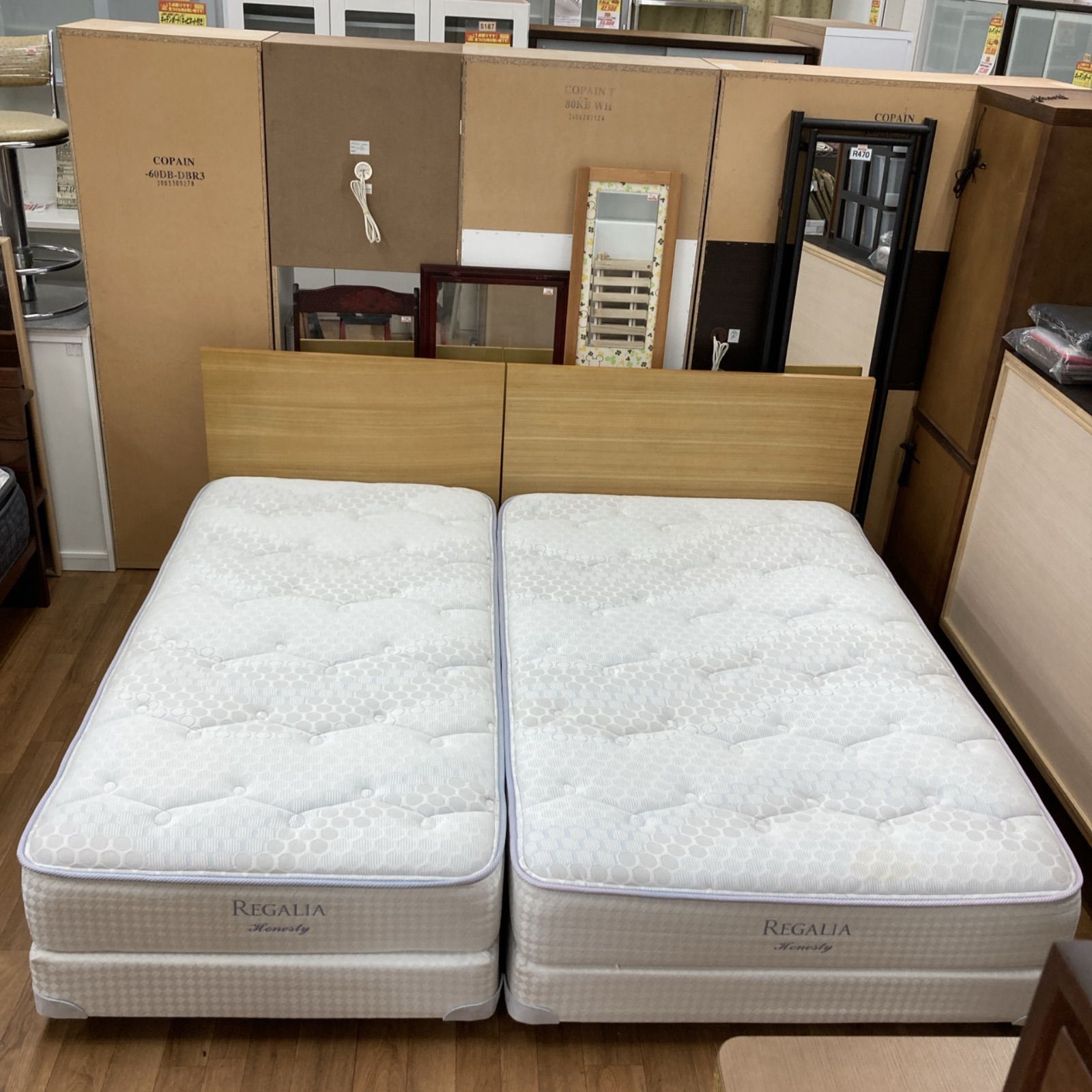 名古屋市近郊送料設置無料 S166 大塚家具 REGALIA KINGSDOWN セミダブル＆シングルベッドセット 幅98 122cm