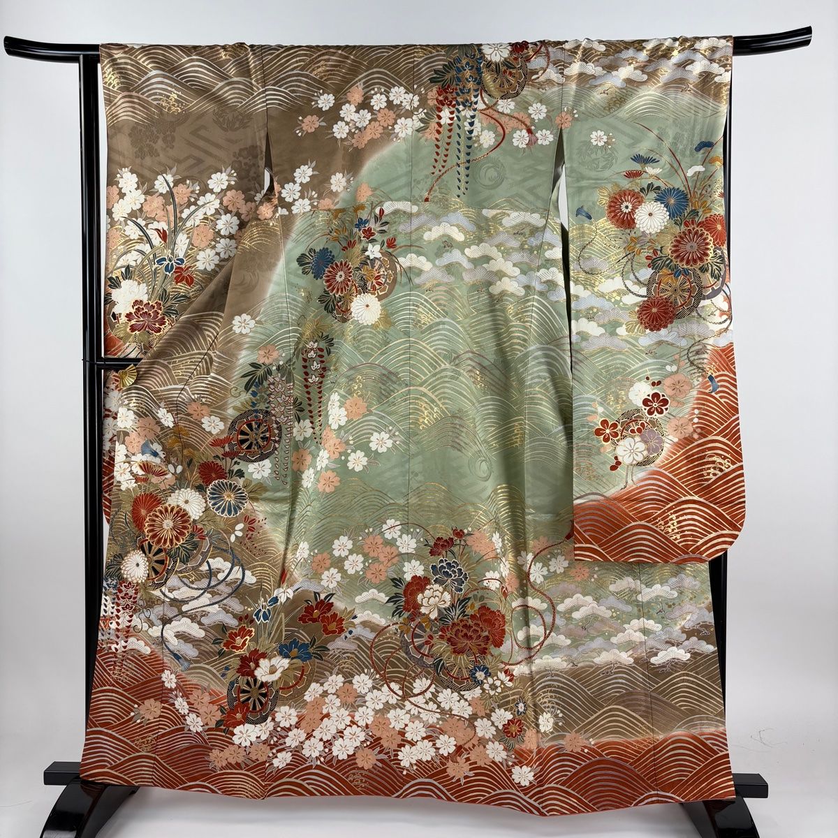 振袖 身丈161.5cm 裄丈65cm M 袷 花車 波 金糸 金彩 茶色 正絹