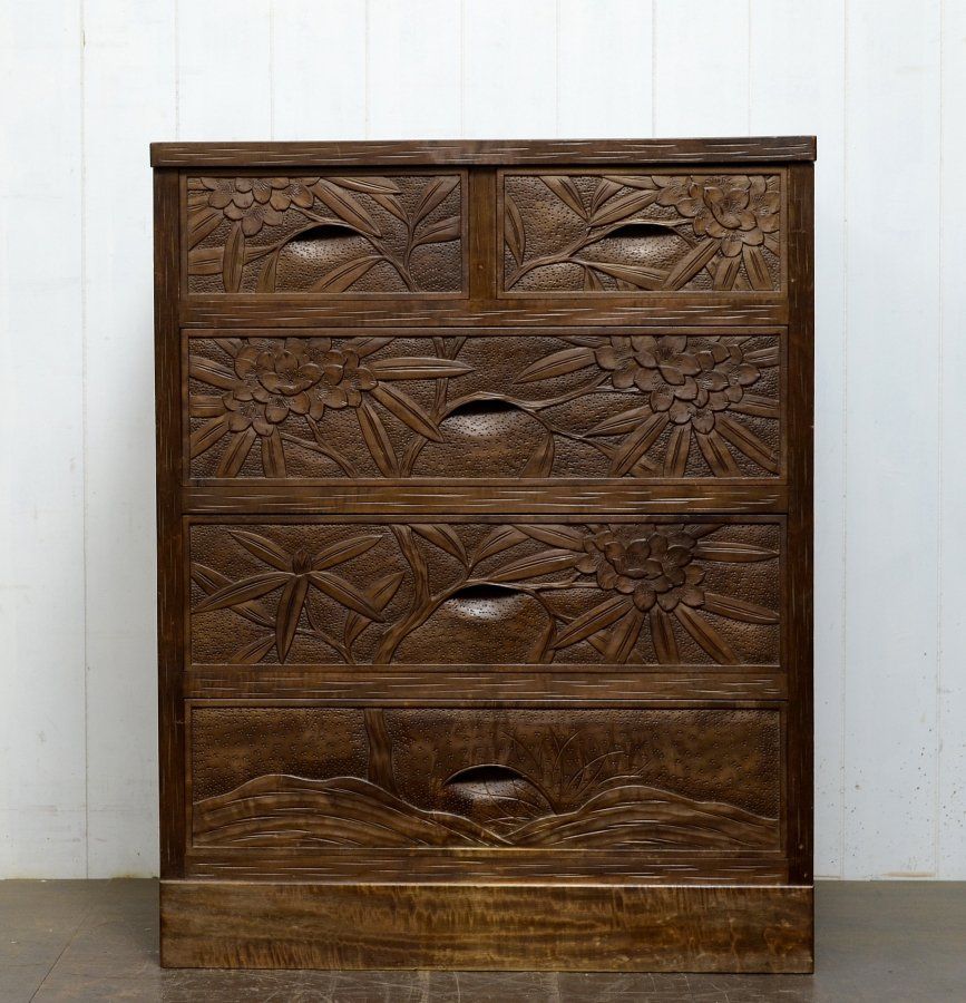 蔵A5457 伝統工芸軽井沢彫 箪笥 四段 引出五杯 チェスト
