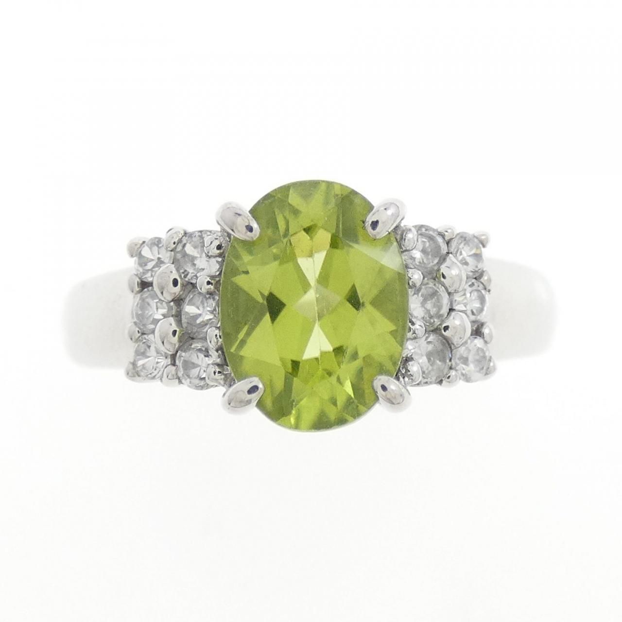 K14WG ペリドットリング K14WG 大粒ペリドット 3.99ct ダイヤ 0.11ct リング【中古新品