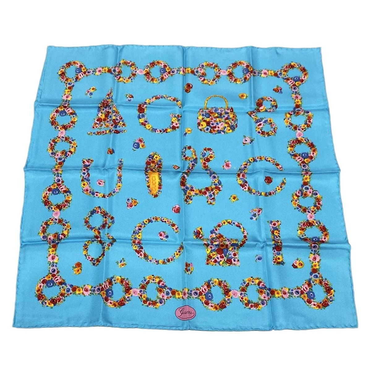 Gucci 花柄 スカーフ 水色 美品【グッチ】シルクスカーフ 花柄 フローラ 絵の具 水色
