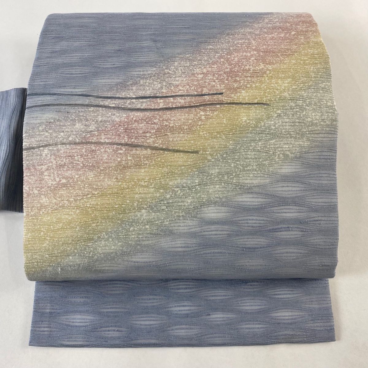 名古屋帯 秀品 夏帯 縞 霞 青灰色 正絹