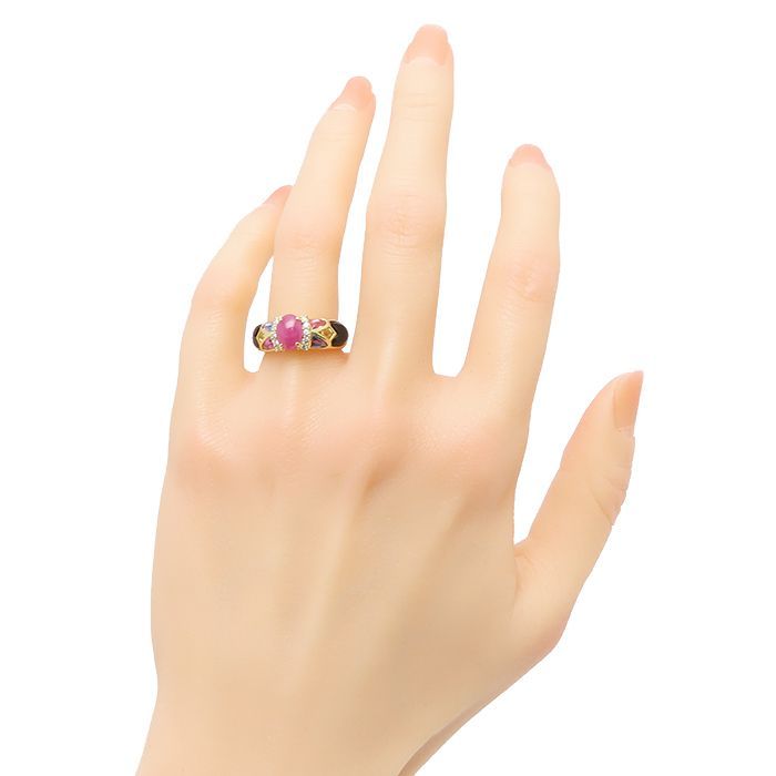 K18 ルビー 1.65ct サファイヤ 1.25ct ブラックカルセドニー