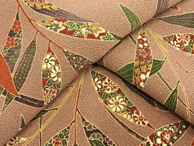 平和屋着物▽上質な小紋 単衣 型染め 枝葉文 鬼しぼ縮緬 正絹 AAAW1265fy