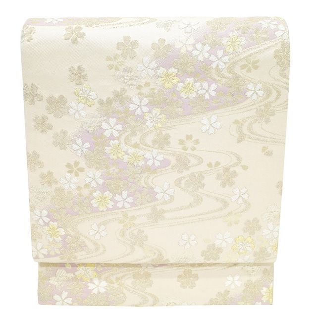 新古品 袋帯 ♥ フォーマル 正絹 金華山織 京都 西陣 京都たけうち 金糸 銀糸 白ベージュ 薄紫 流水 桜 花 春 秋 冬 袋帯 オフホワイト ガード加工済み 仕立て上がり みやがわ sb54630