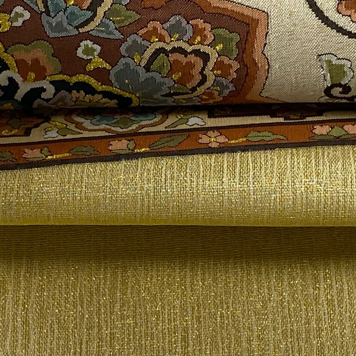 ⑥⑦②夏帯 草花 麻 袋帯 お太鼓 袋帯 逸品 夏帯 笠松 草花 金糸 金色 お太鼓柄 正絹 【中古