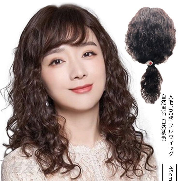 人毛100 ウィッグ フルウィッグ ロング パーマ 長さ 約45cm 医療用 ウィッグ 女性 レディース 人毛 100％使用 ロング丈 ナチュラル 自然 つむじ 桂 小顔 ウィッグ 自然黒色 choch149080