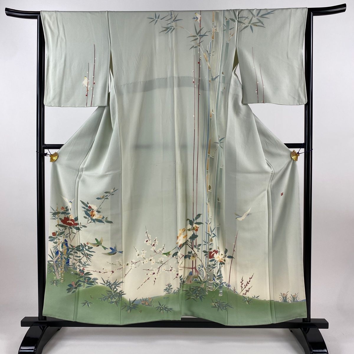 訪問着 身丈157cm 裄丈64.5cm M 袷 落款 枝花 鳥 染め分け ぼかし 薄緑 正絹 一つ紋