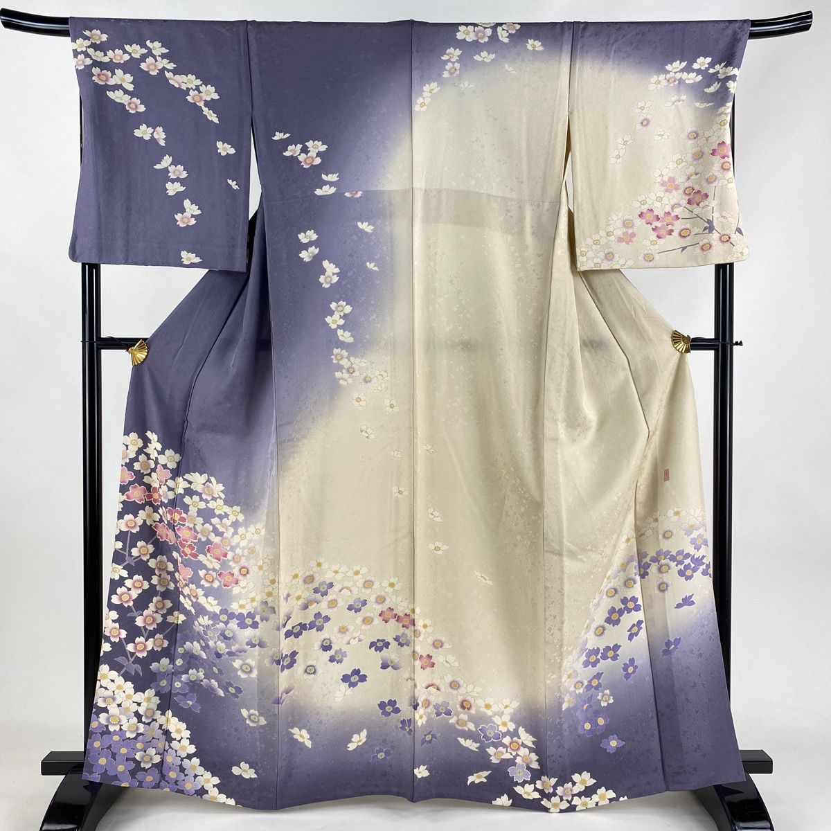 訪問着 身丈162.5cm 裄丈69.5cm L 単衣 藤舟 落款 枝花 銀通し 染め分け 薄紫 正絹