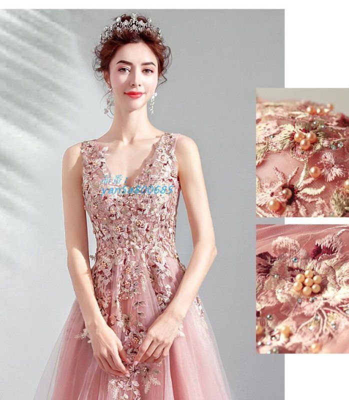 イブニングドレス 刺繍 花柄 花嫁ドレス キャミドレス スパンビーズ パーティードレス Vネック 二次会ドレス ロングドレス ピアノ演奏会 セクシードレス yan5a800685