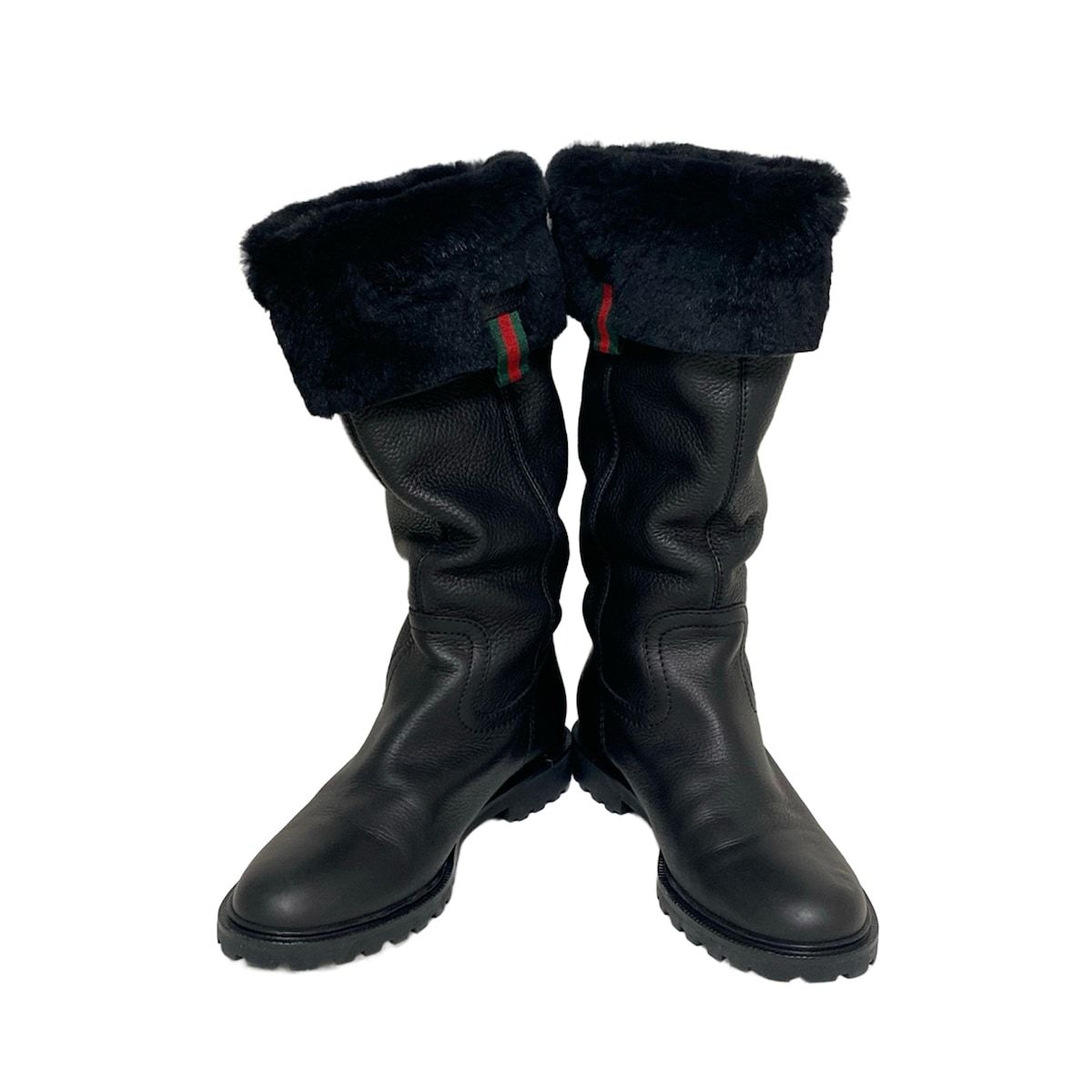 GUCCI グッチ ロングブーツ 361 2 レディース シェリー 黒 レザー ファー