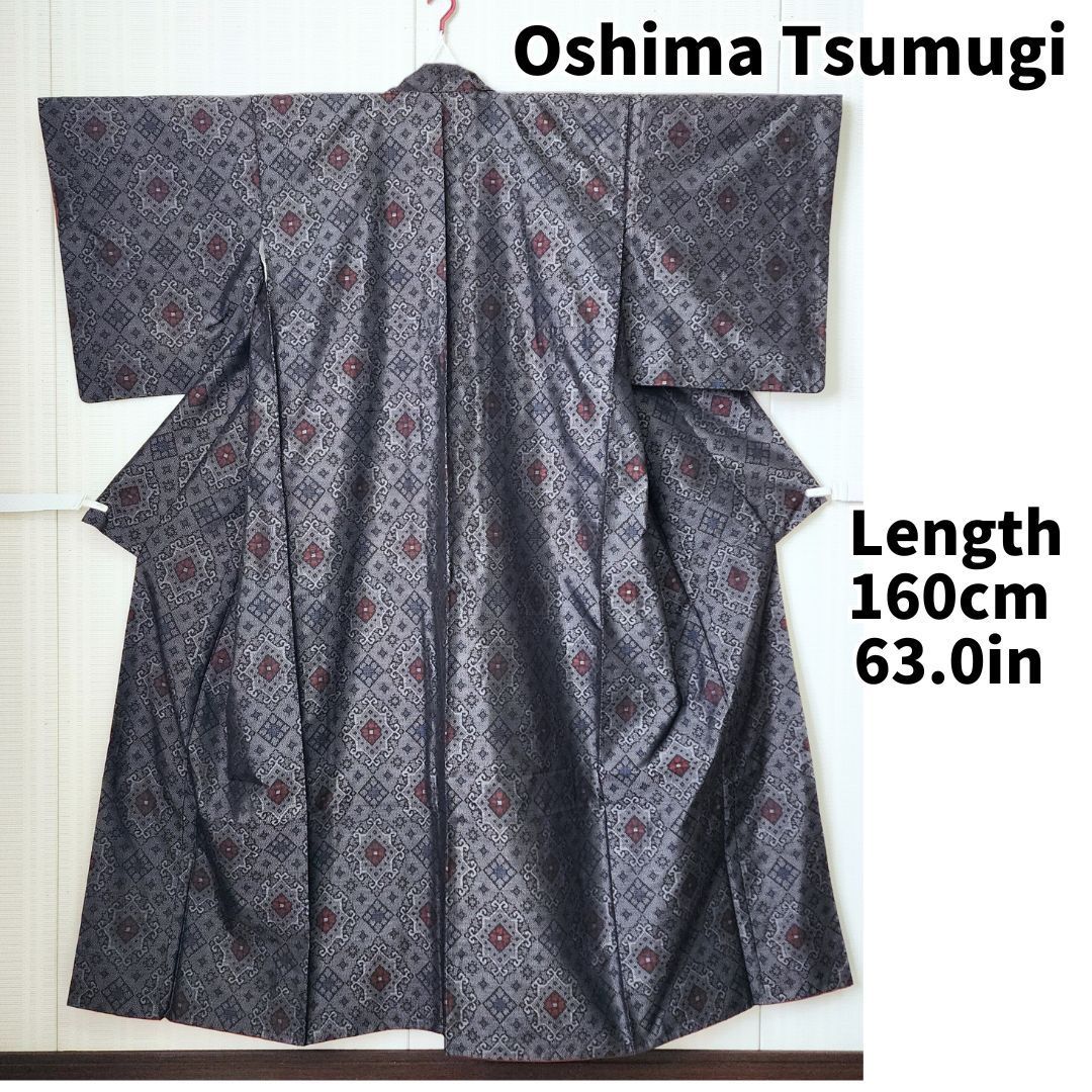 大島紬 袷】優しい黒地×花柄｜上品な光沢と風合い｜身丈160cm 裄65cm