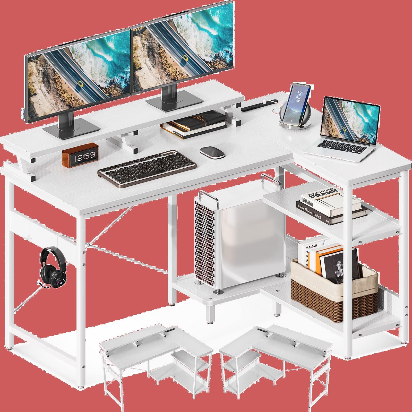 新着商品 l字デスク パソコンデスク L字型 ゲーミングデスク 机 ODK 幅120cm pcデスク コンセント付き コーナーデスク ラック付き 収納 オフィスデスク 省スペース 在宅勤務 組立簡単 書斎 ホワイト