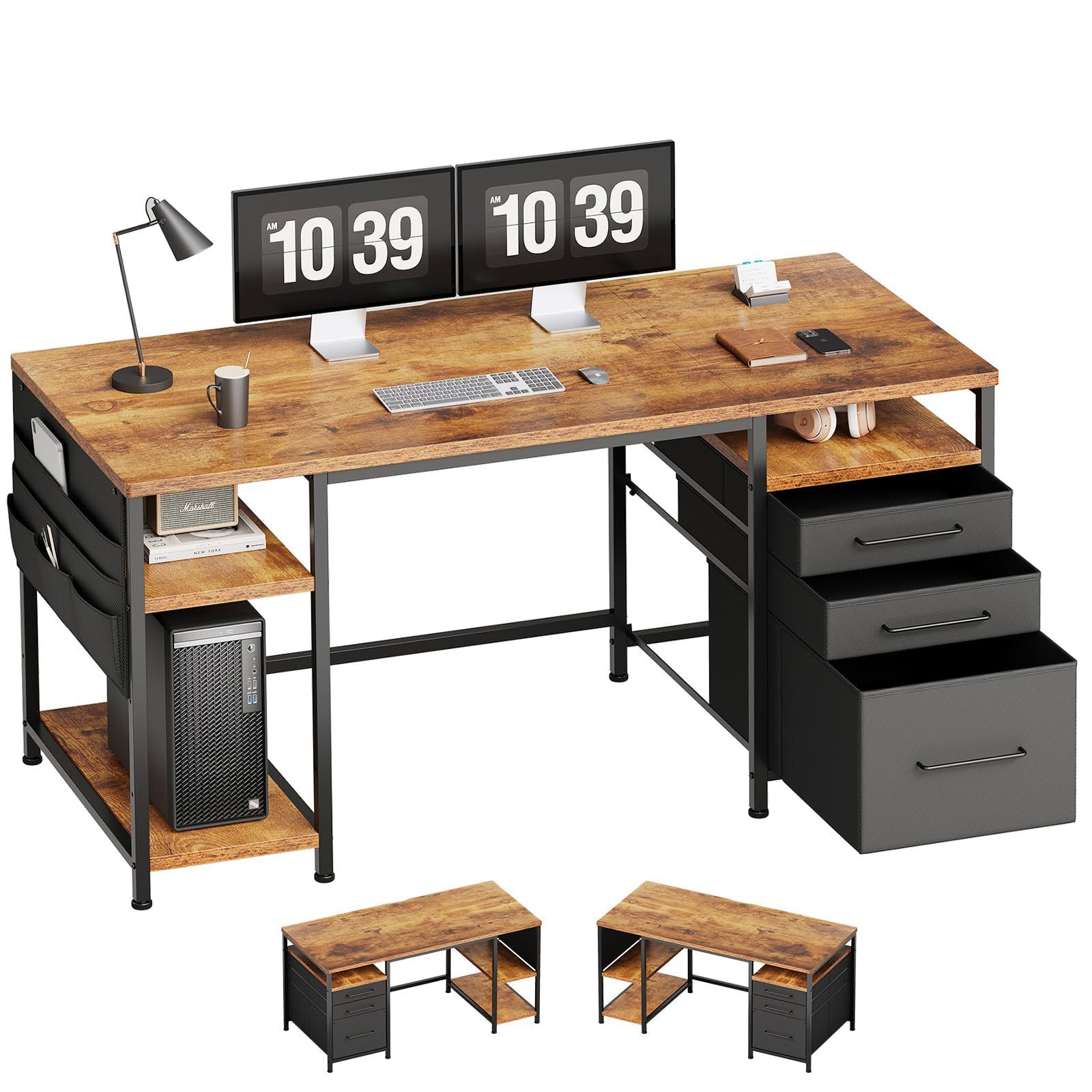勉強机 幅148cm×奥行50cm 学習机 布製引き出し付き パソコンデスク ゲーミングデスク pcデスク オフィスデスク ワークデスク 机 収納ラック付き Maihail ビンテージ