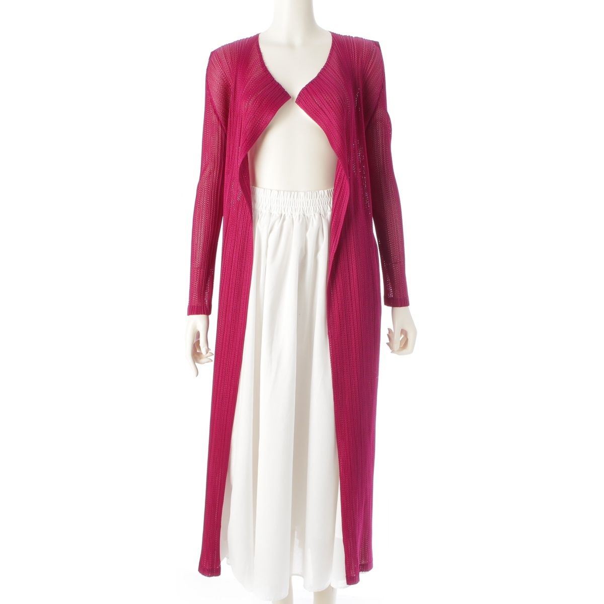 プリーツプリーズ メッシュ パンチング 長袖 ロング カーディガン 前