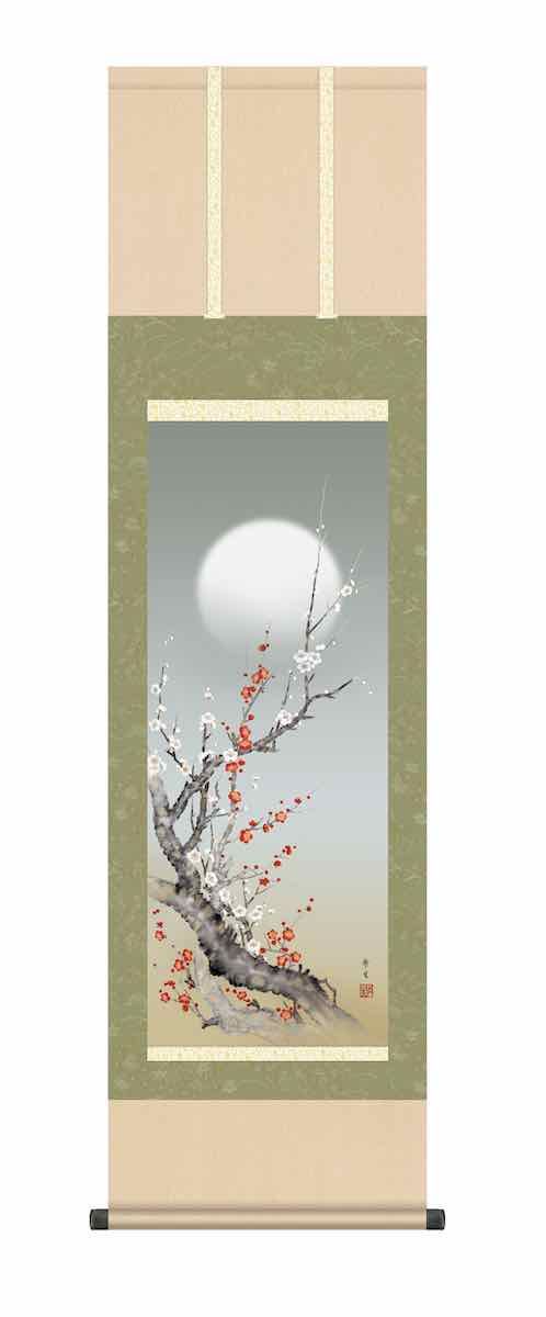 掛軸 掛け軸 花鳥画 季節飾り 春掛け 紅白梅に鶯 洛彩緞子本表装 尺三 田村竹世 三美会 化粧箱 h31-snk-kz2ma2-086 10年保証 掛け軸 花鳥画 春掛け 朧月紅白梅(おぼろづきこうはくばい