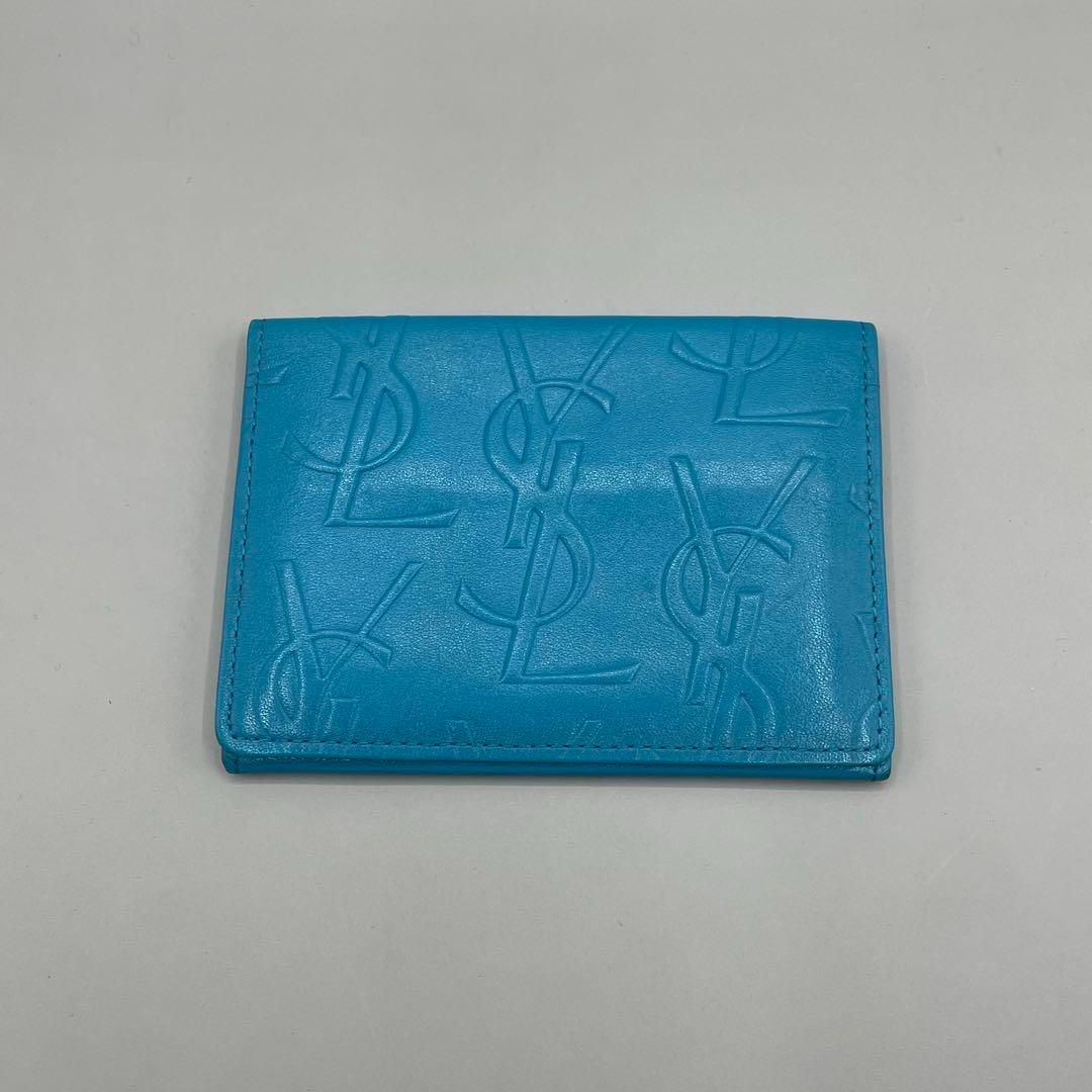 イヴサンローラン 定期入れ 名刺入れ カードケース 型押し レザー 青