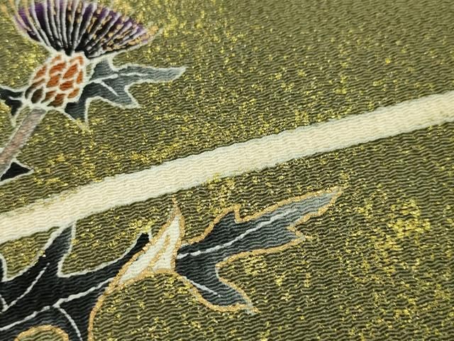 平和屋本店□極上 浦野理一 金彩友禅 九寸名古屋帯 薊 鶸茶色地 鬼しぼ  
