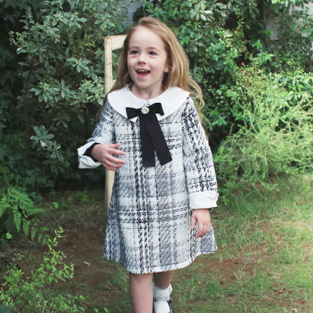 WHITE  120cm  ココットワンピース ワンピース キッズ 長袖 ドレスワンピース 02061902 子供 ドレス 女の子 卒園式 入園式 入学式 結婚式 パーティ 発表会 七五三 ツイード リボン かわいい オシャ