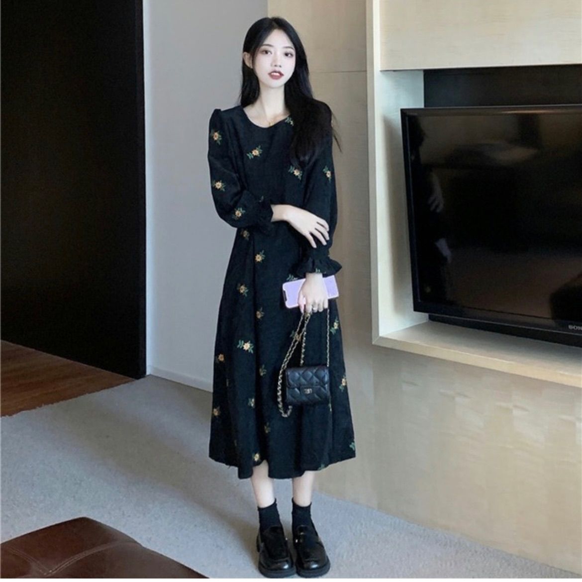 コーデュロイ 花柄ワンピース - メルカリ