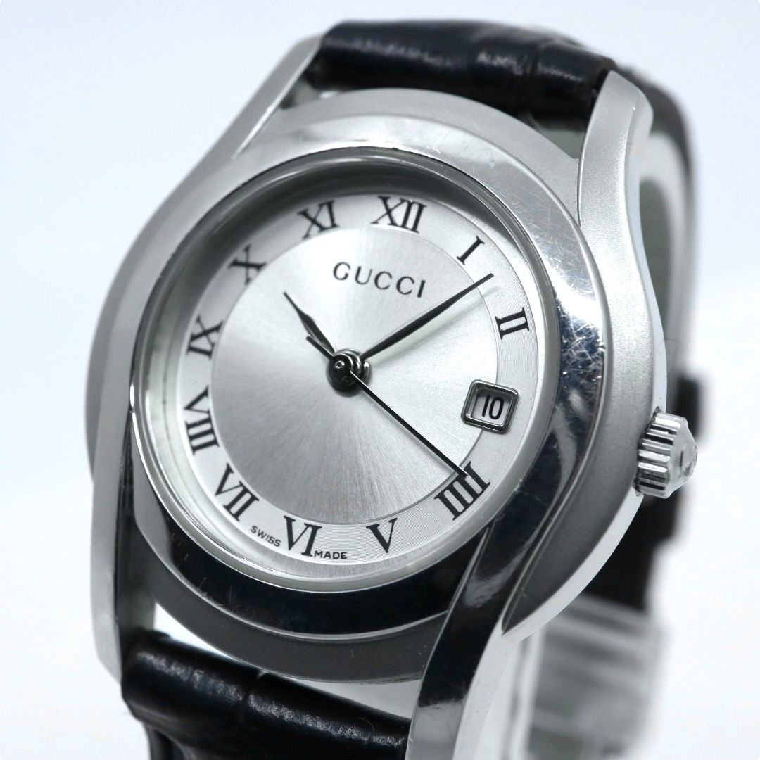 グッチ 5500L 革ベルト レザー クォーツ シルバー レディース 時計 美品 グッチ gucci レディース 腕時計 5500L シルバー デイト 【稼働