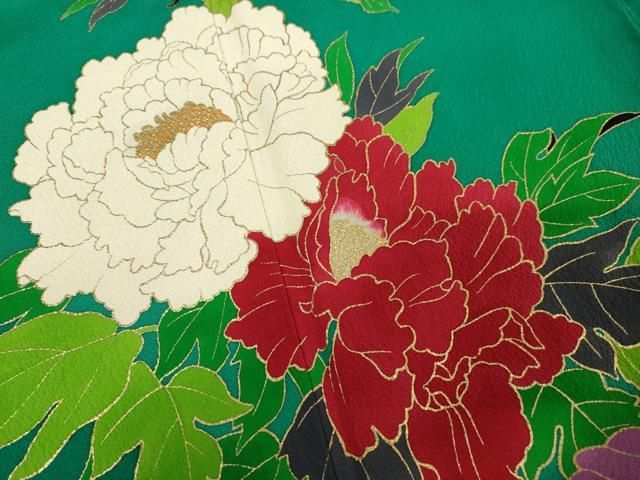 平和屋着物●染色作家　草野一騎　振袖　牡丹文　金彩　ロング丈　正絹　逸品　AAAW5331br 平和屋着物○染色作家 草野一騎 振袖 牡丹文 金彩 ロング丈 正絹 逸品