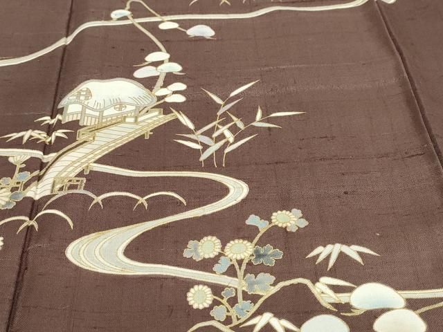 平和屋着物●訪問着　生紬　絞り　風景花文　金彩　正絹　逸品　DAAW5495ud 平和屋着物○訪問着 生紬 絞り 風景花文 金彩 正絹 逸品 DAAW5495ud