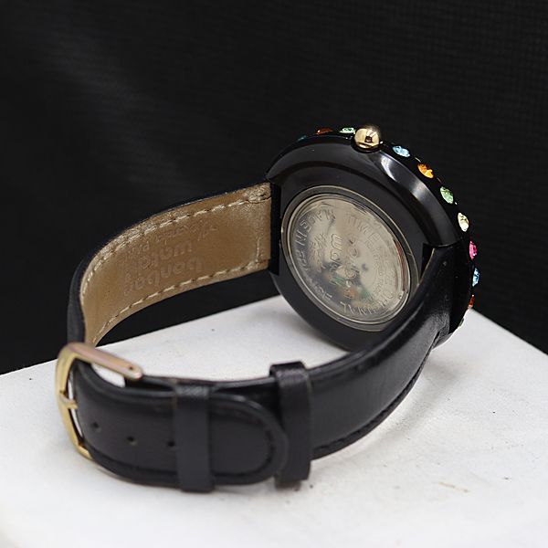 希少 可動品 ボンボンウォッチ ブラック ストーン 黒文字盤 箱付 稼働 良品 ボンボンウォッチ QZ 黒文字盤 デイト ラウンド