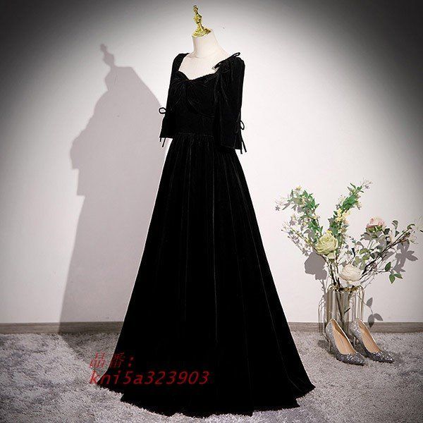 ドレス 大人 ピアノ 発表会 ロングドレス 袖付き 結婚式 演奏会 レディース 披露宴 演奏会ドレス 母親 黒 演奏会用ドレス ロング 五分袖 kni5a323903