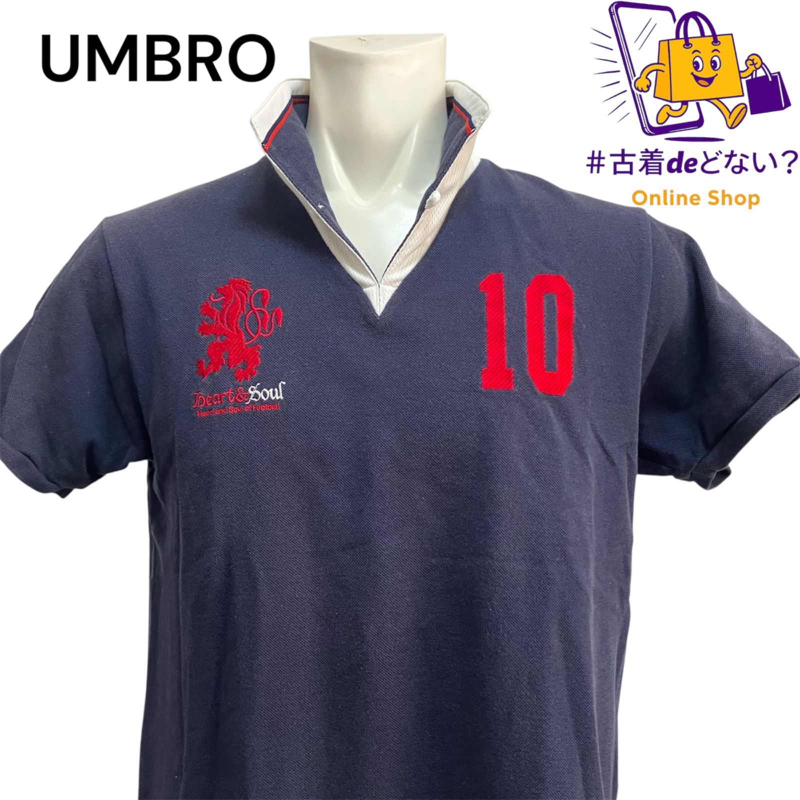UMBRO アンブロ ラガーシャツ L ネイビー レッド ロゴ刺繍 ナンバー10 