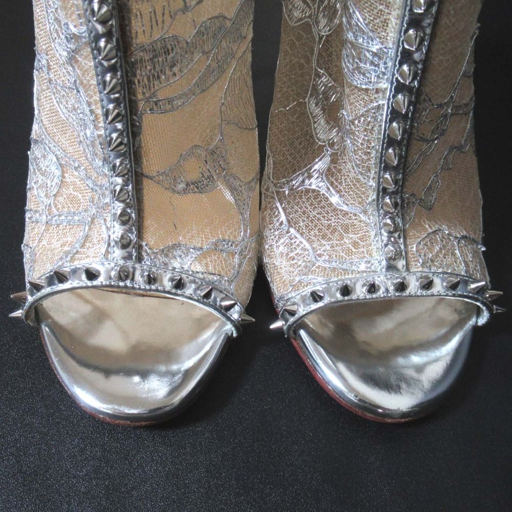  Christian Louboutin クリスチャンルブタン レース スタッズ ブーティー ショートブーツ 35.5 22.5 cm シルバー レディース 古着 その他 ブーツ