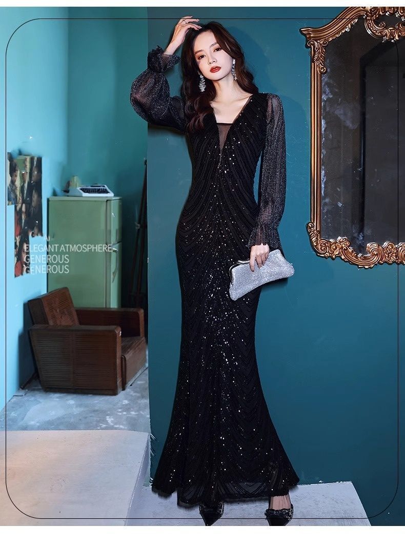 Lomohanaga ロングドレス 発表会 大人 キラキラ 黒 ドレス 袖あり