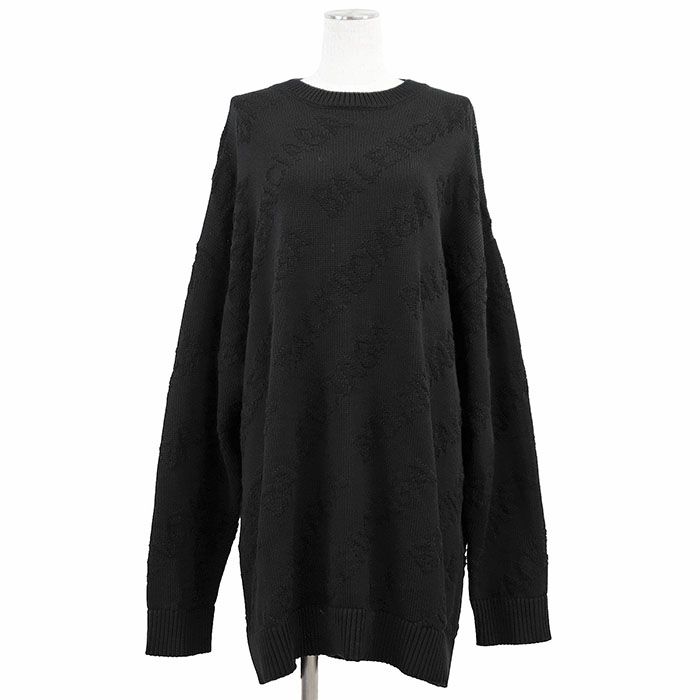 【極美品】BALENCIAGA バレンシアガ セーター ニット 2020年製 ロゴ ジャガード コットン100% ビッグシルエット クルーネック プルオーバー ミドルゲージ トップス レディース サイズ M ブラック 黒 イタリア製 極美品】BALENCIAGA バレンシアガ セーター ニット 2020年製 ロゴ