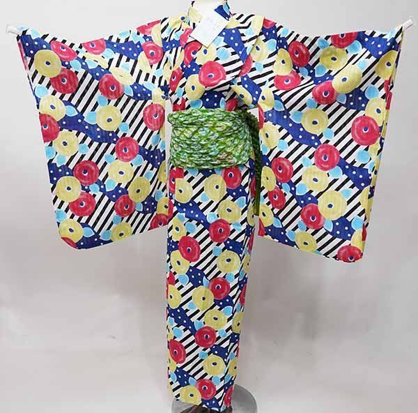 浴衣 女児 単品 ゆかた 130 140 9～10才 11～12才 綿100％ 白地 花柄 縞 子供 女の子 夏祭り 花火大会 NO40796